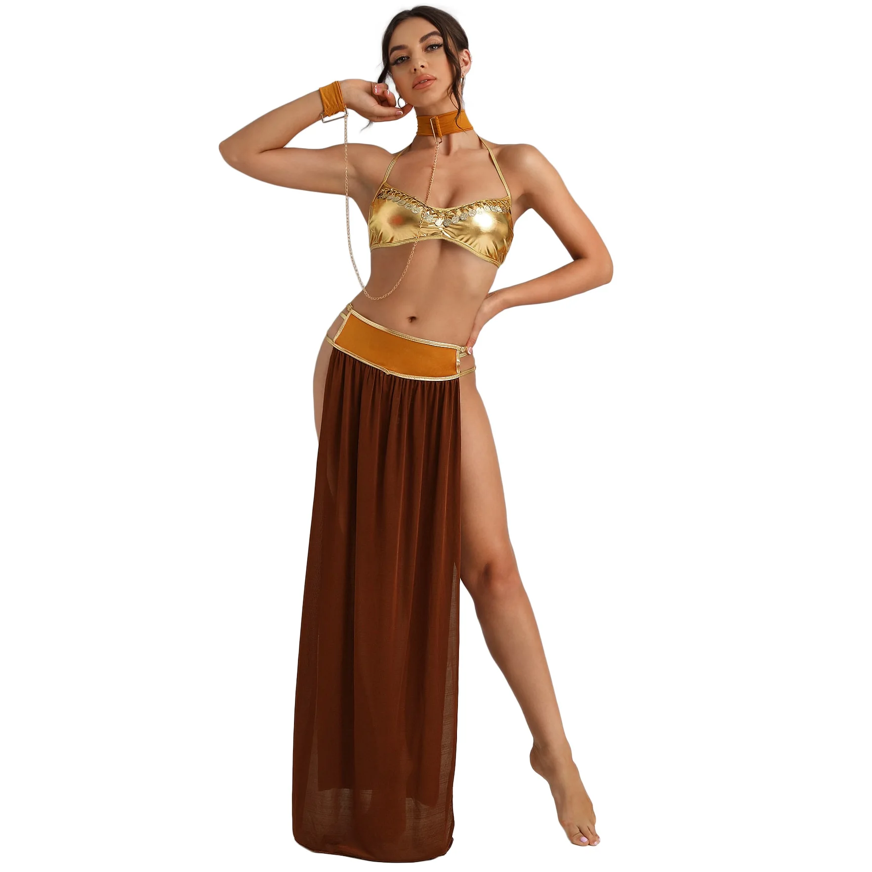 

Woman Sexy Princess Leia Slave Bra Patent Leather Halterneck Bra Slit Long Mesh Dress Erotic Lingerie Set Halloween Fancy Dress