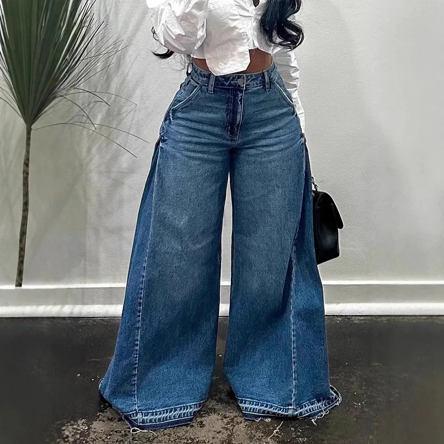 Deeptown Blue Washed Women Flared Jeans Harajuku Y2k Oversized Wide Leg Spliced Tassel Denim Pants Baggy American Retro Trousers
