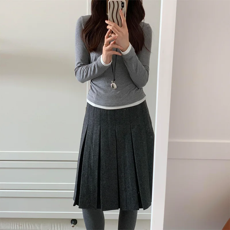 امرأة الصوفية النسيج مطوي تنورة الخريف الشتاء تنورة تخفيف ألف خط تنورة فتاة عالية الخصر تنوعا مزاجه الأوسط تنورة