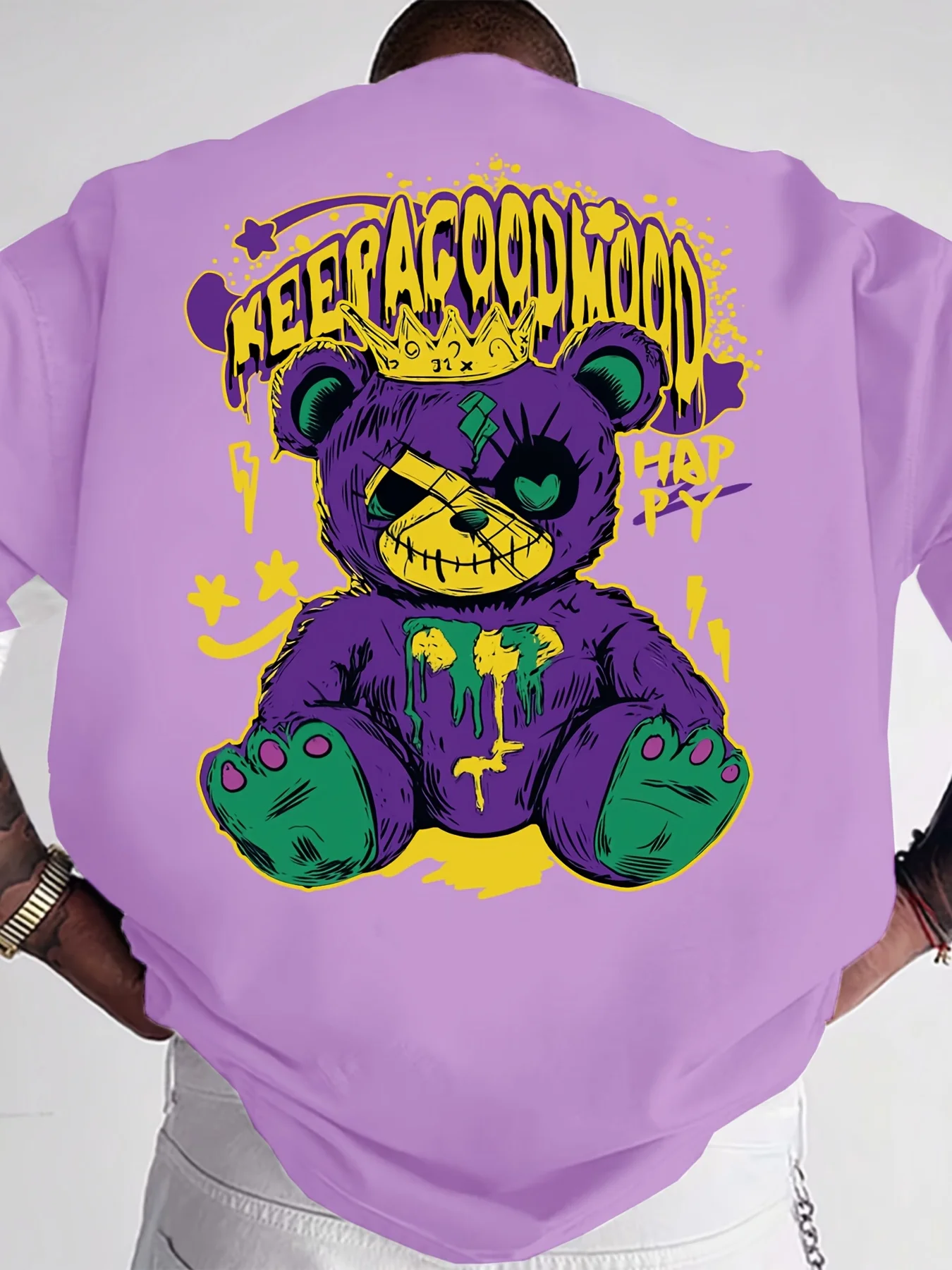 Fashionable new men's personalized teddy bear graffiti print, comfortable and breathable round neck T-shirt, outdoor street top - view 2