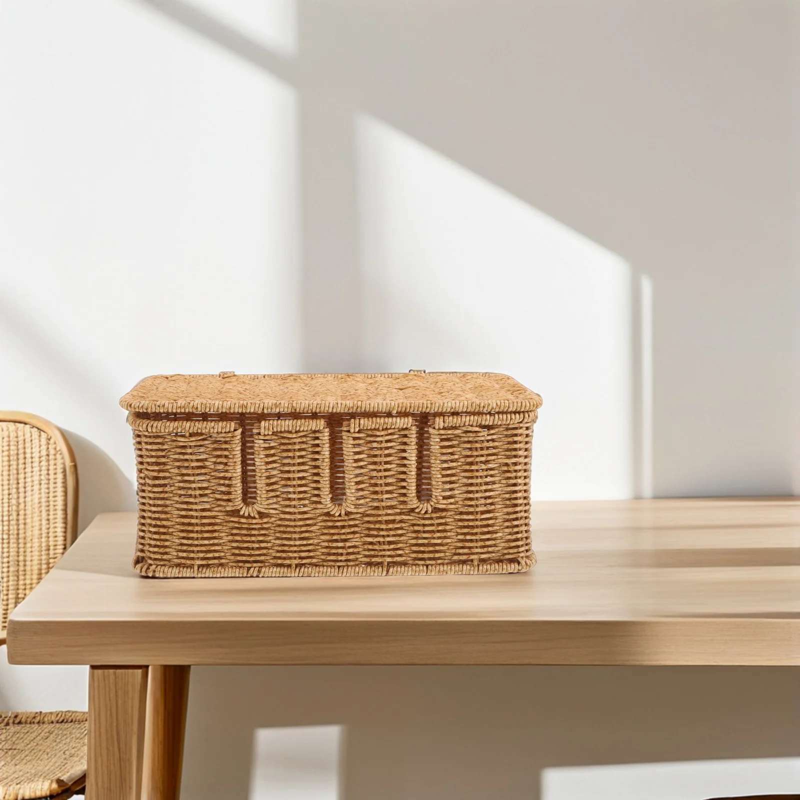 Desktop Cable Organizer Box Imitation Rattan Cord Management Storage Basket for Office Home Use Power Strip Holder with