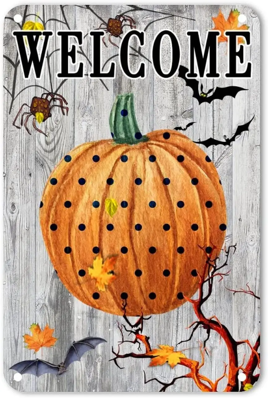 Halloween Welcome Polka Dots Pumpkin Metal Sign Maple Leaves Spider Web Bat Yard Sign Rustic Chic Wicked Halloween Tin Wall Art