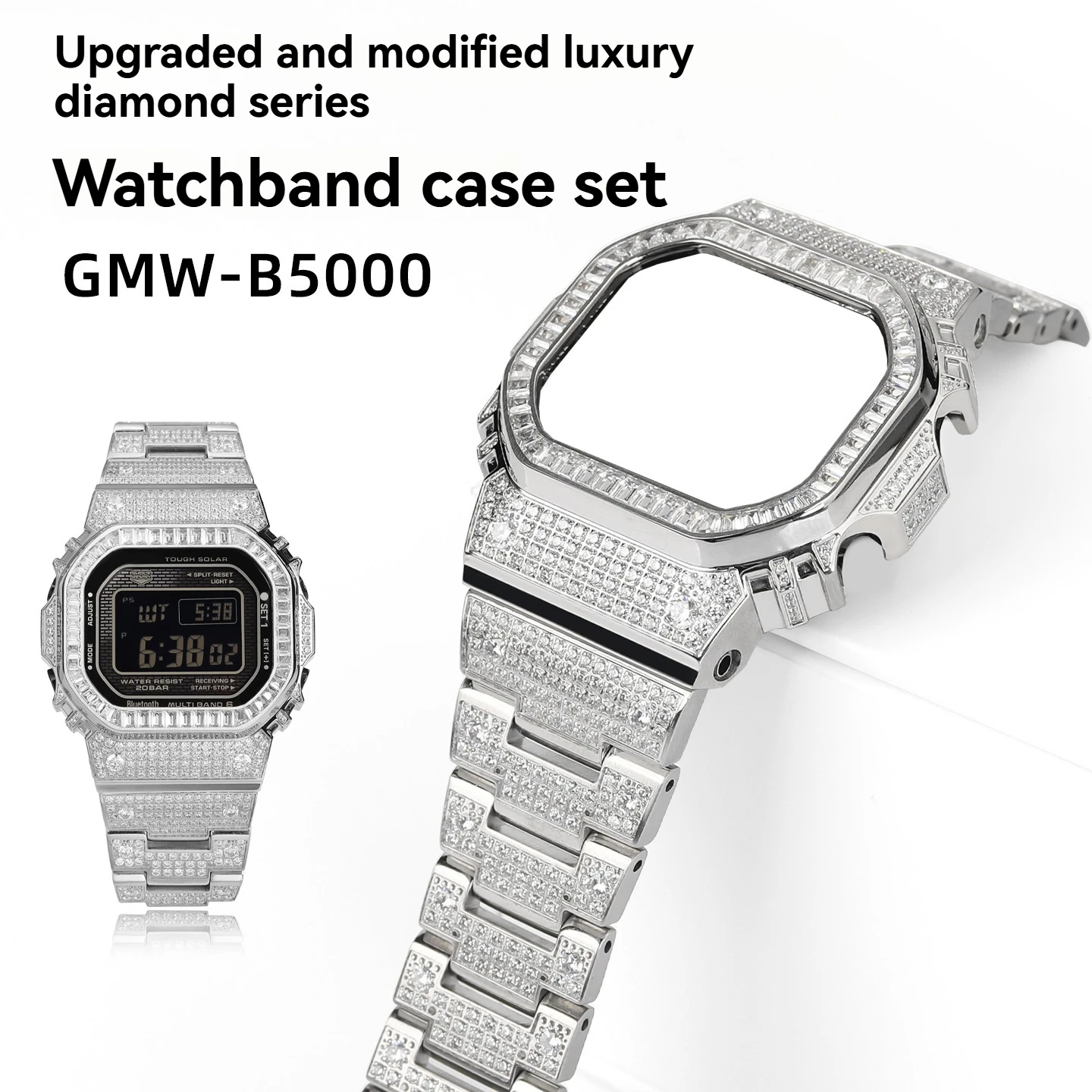 

Комплект корпуса и ремешка из нержавеющей стали с бриллиантами для G-SHOCK GMW-B5000, полностью металлический комплект для модернизации с бриллиантовыми вставками, роскошный мод.