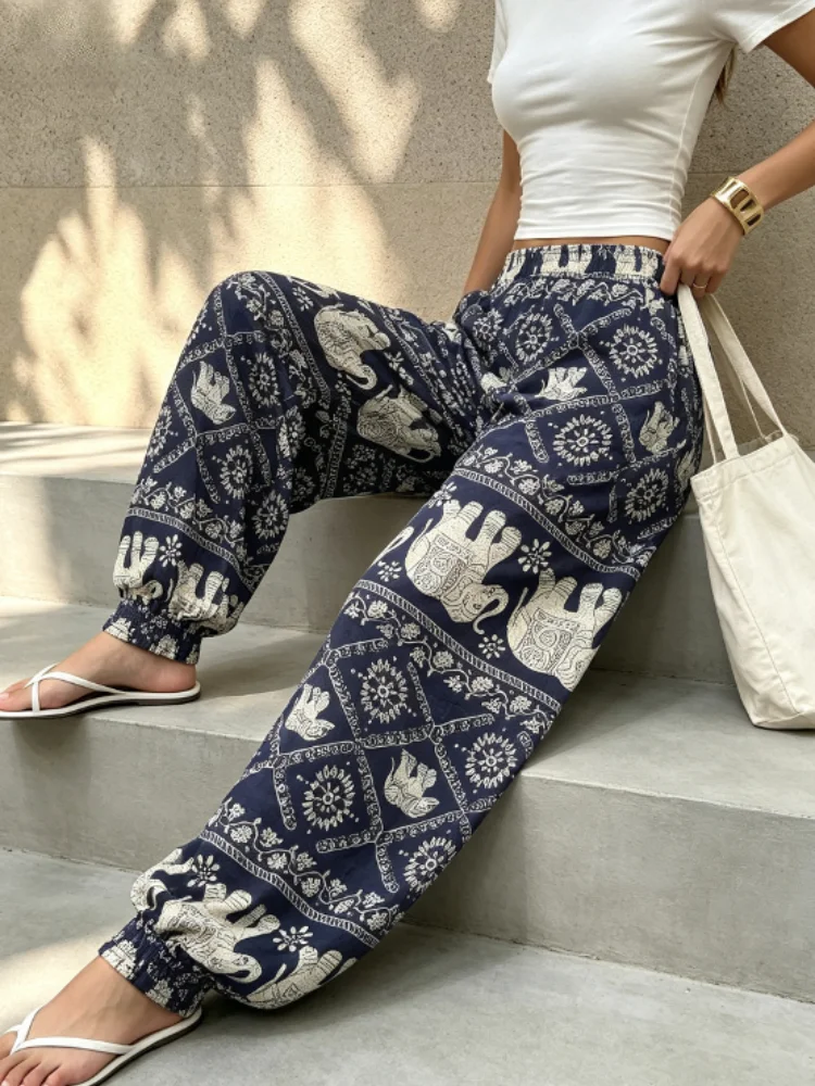 Chic New Boho Women Elastic Drawstring Jogger Pants,Elephant Floral Print, High Waist Loose Harem Trousers Vacation Sweatpants
