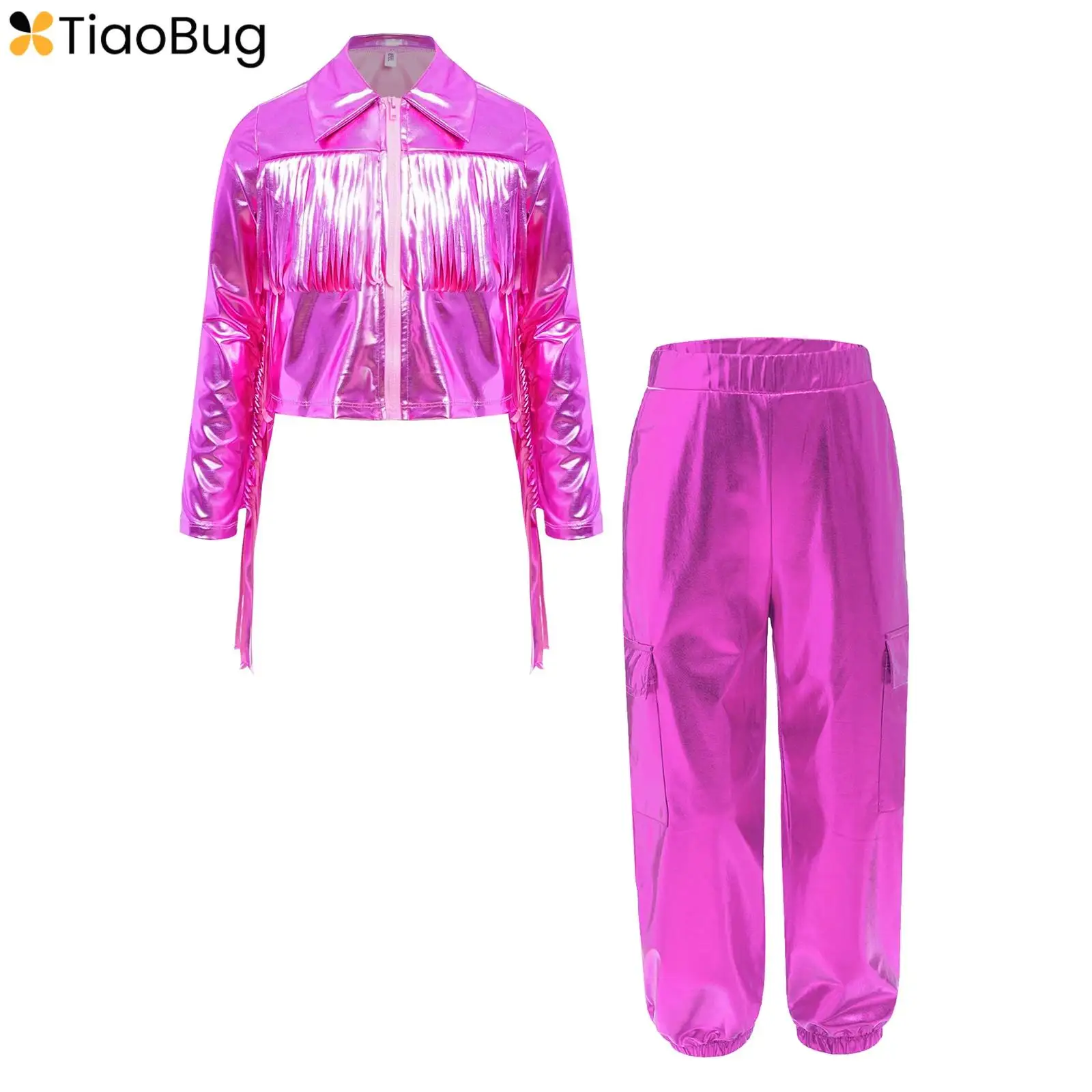 

Kids Girls Hip-Hop Dance Outfit 2025 Turn-Down Collar Long Sleeve Zipper Tassels Metallic Jacket Coat+Cargo Pants Set Streetwear