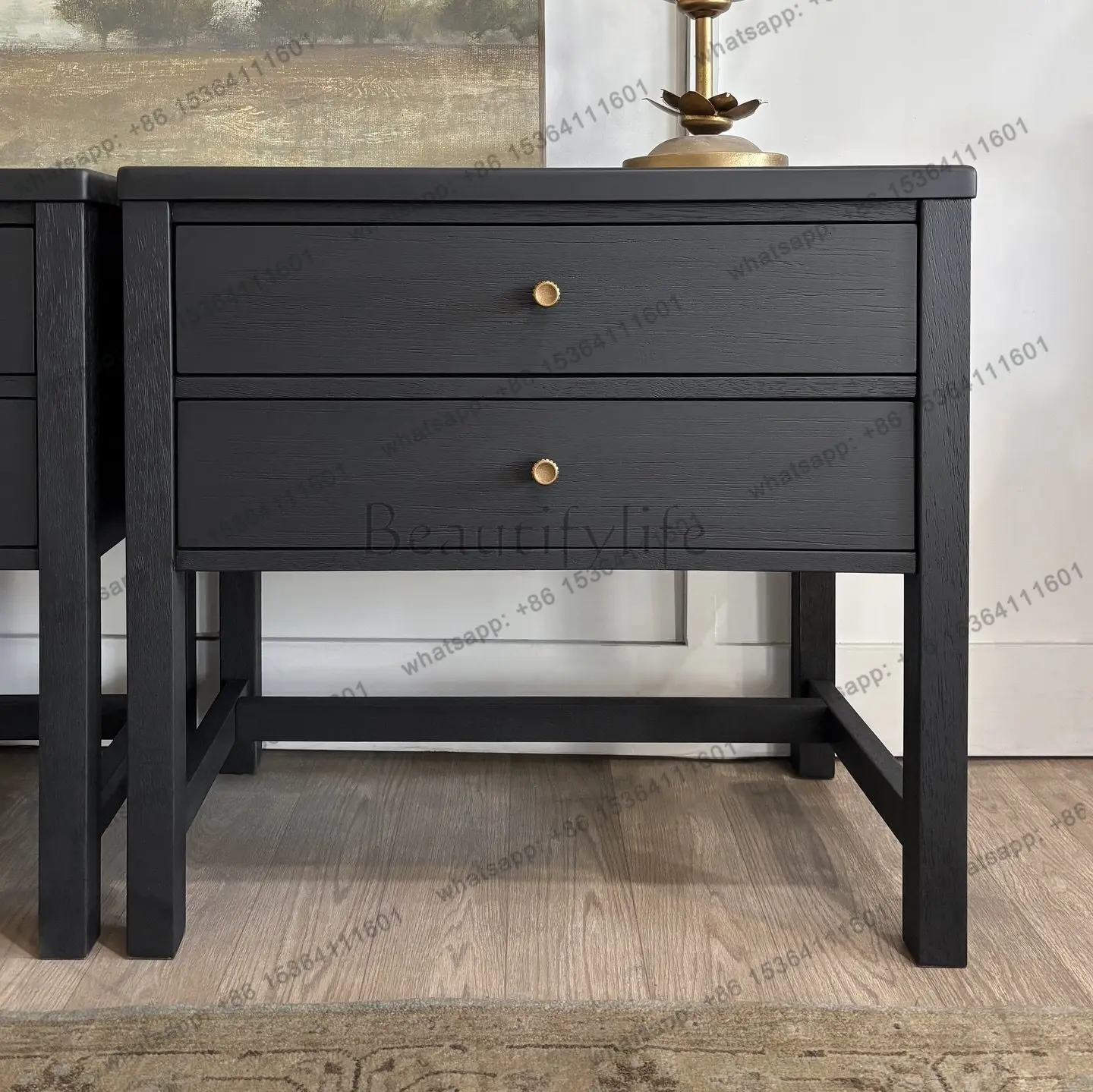 

American country French retro black bedside table medium antique solid wood bedside cabinet