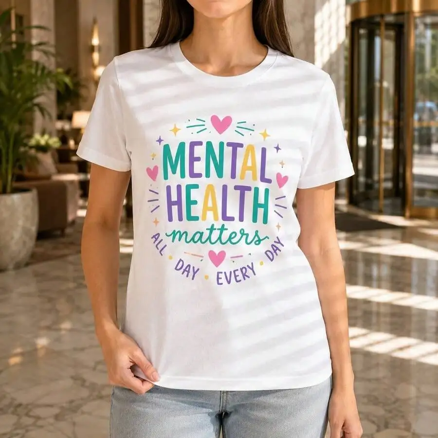 Unisex Mental Health Matters Motivational Graphic Print T‑Shirt Crew Neck Short Sleeve Therapist Psychologist Teacher Gift Casual Tee Top
