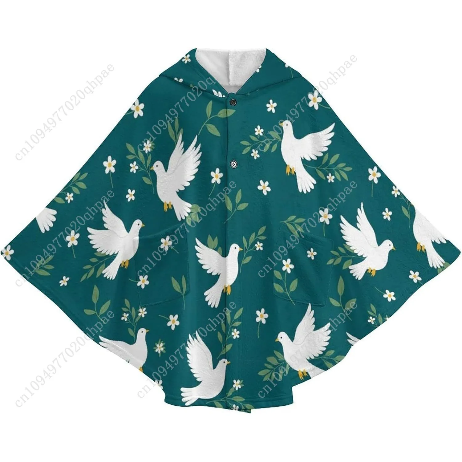 سترة مريحة من الفلانيل، سترة بغطاء للرأس كبيرة الحجم بأوراق الطيور البيضاء مع جيوب للأطفال والمراهقين