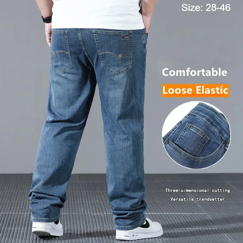

Men Summer Jeans Loose Stretched 140KG Plus Size 42 44 46 Spring Male Classic Middle Aged Soft Denim Trousers Straight Pants