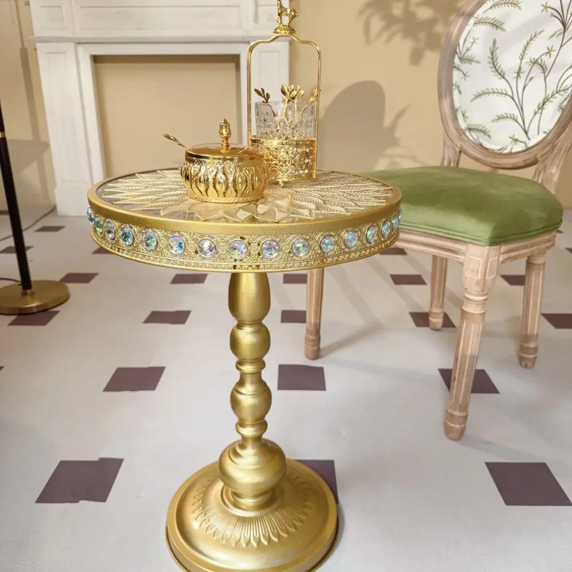 Light Luxury French Living Room  Gold European  Hotel  Home Side Table Luxury Carved  American Retro  Coffee Table  Round