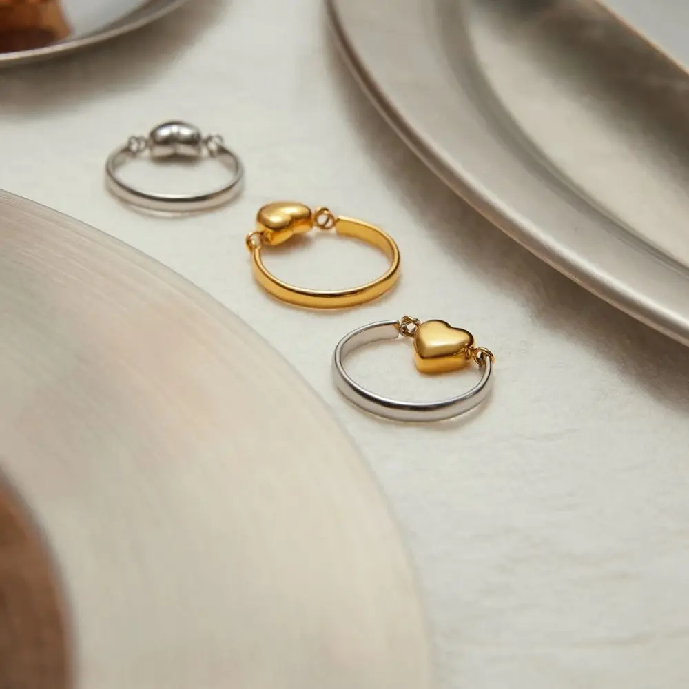 패션 리버시블 하트 반지 투톤 스테인리스 스틸 손가락 참 미니멀리스트 시크 메탈 반지 선물용