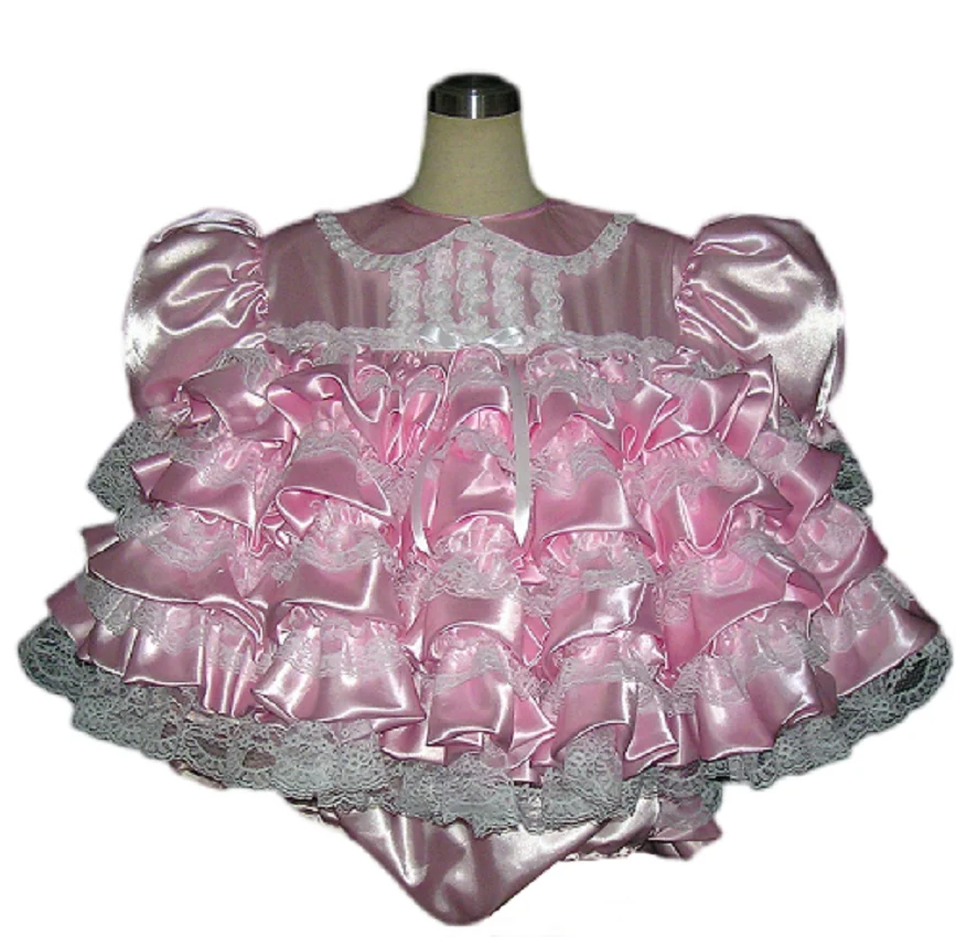 

New Girly Lockable Pink Satin Fluffy Cake Dress Lace Ruffle Adult Sexy Maid Dress Custom Glamour Halloween Costume