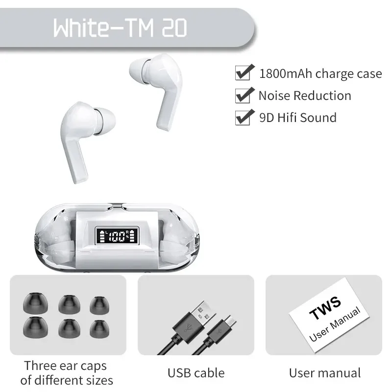 NEW TM20 Wireless TWS Bluetooth Earphone with LED Display Touch Noise Canceling Earbuds Sports Music Game Headset Waterproof