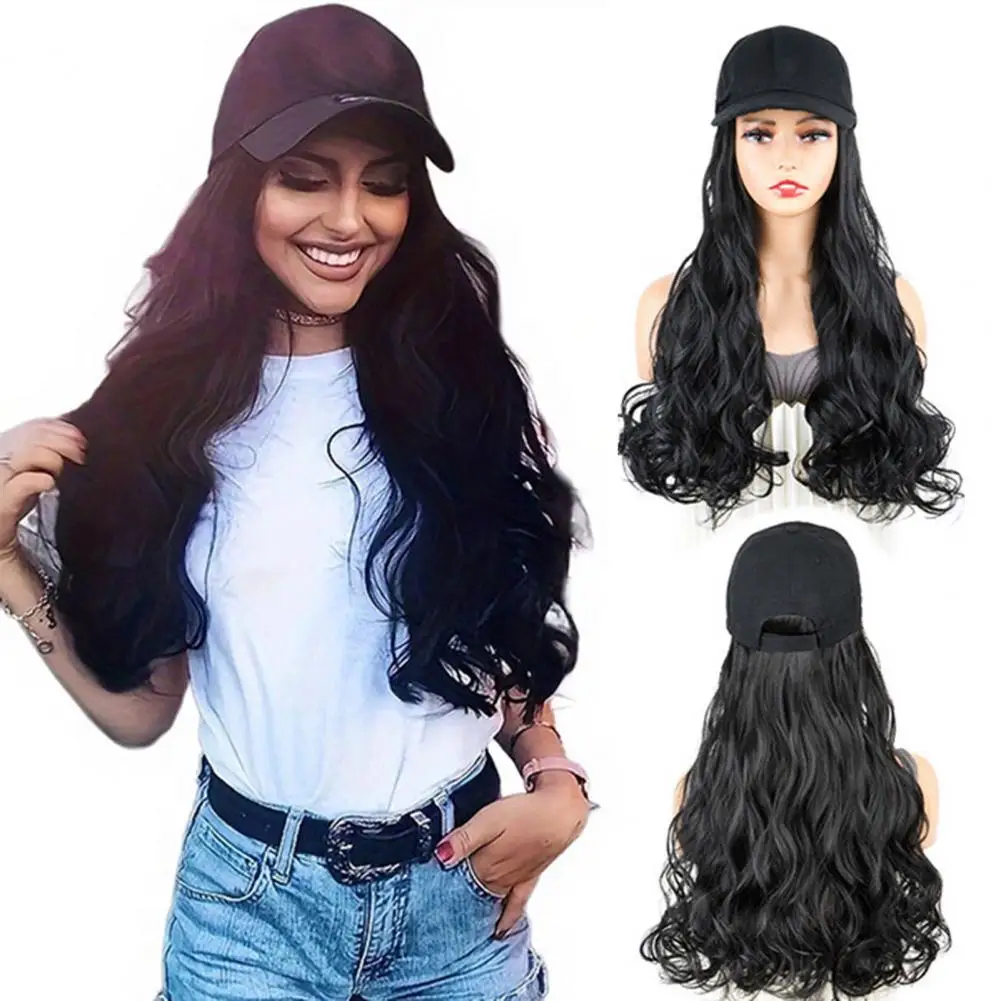 

50cm Long Curly Wig With Baseball Hat Natural-look Heat Resistant High Temperature Fiber Silky Brown Black Wavy Synthetic Hair