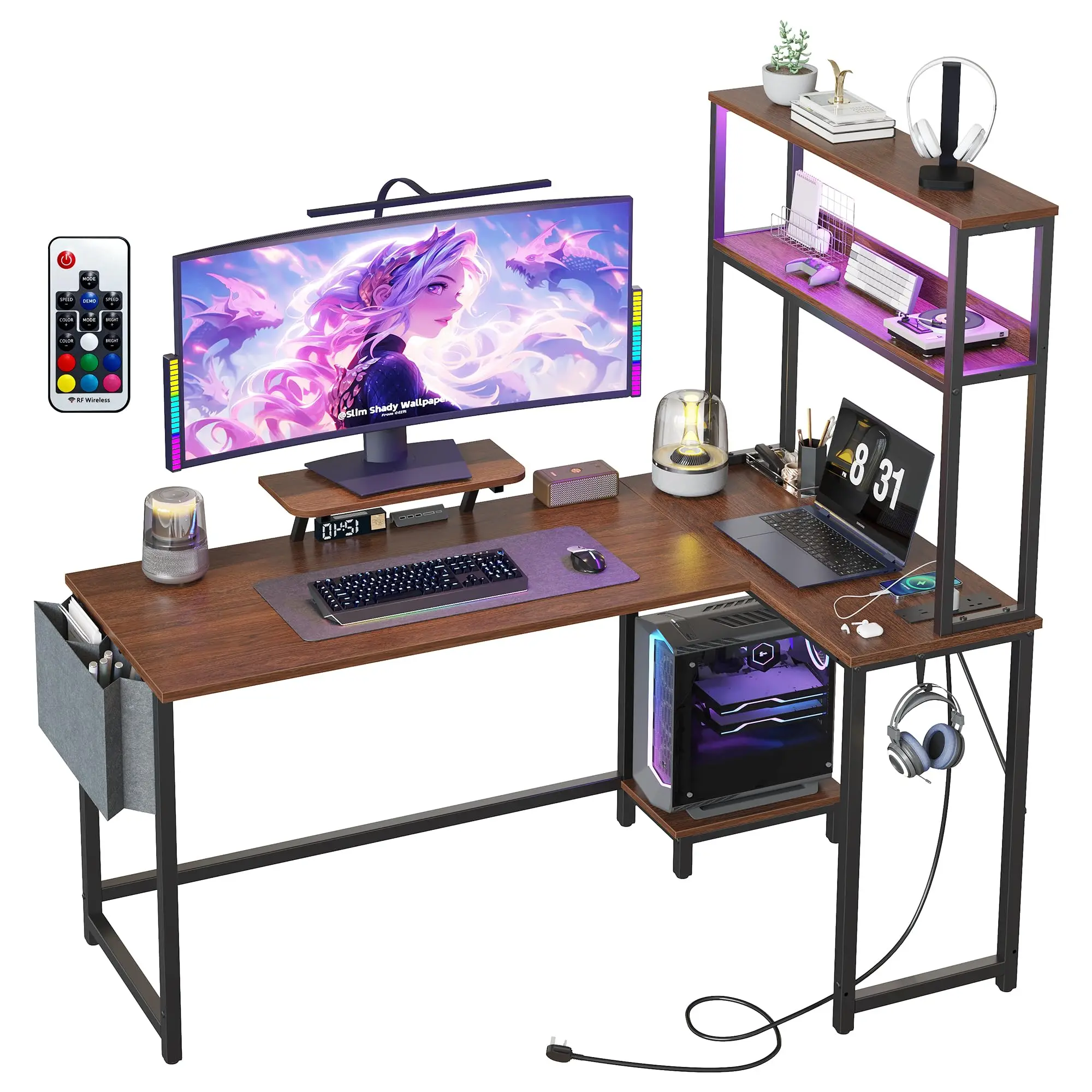 Mesa de Computador em L Moderna para Canto, Estação de Trabalho para Home Office que Economiza Espaço com Prateleira de Armazenamento e Gerenciamento de Cabos, Fácil Montagem