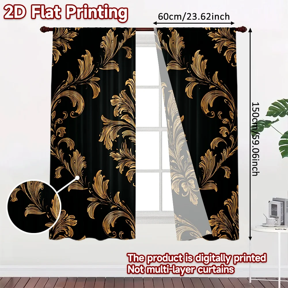 2D flat printing 2pcs Curtain Golden Ornamental Flourish Digital Printed Polyester Drapes Family Party Decoration Use for Home
