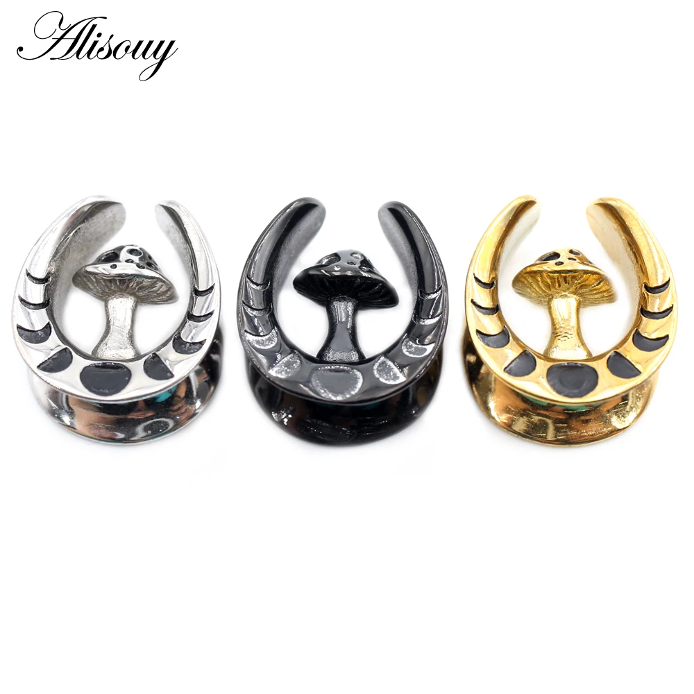 Alisouy 2PCS Stainless Steel U-shaped Mushroom Saddle Ear Tunnels Plugs Expander Stretcher Gauges Earrings Piercing Body Jewelry