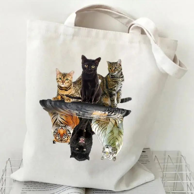 Cat Vs Tiger Reflection Canvas Tote Bag Unique Cat Vs Tiger Reflection Design A Fun Eye-catching Print Cat Bags Versatile Kawaii