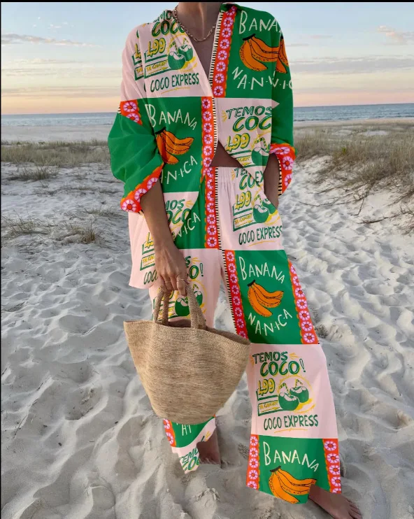 Fashion Print Beach Holiday 2 Piece Set Women Summer Long Sleeve Shirt Top Wide Legs Women's Oversize Two Piece Pant Sets Outfit