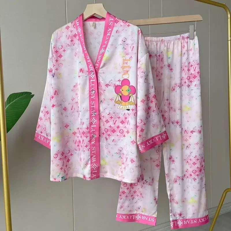 Ipek pijama setleri iki adet kadın pijama iç çamaşırı uzun kollu hırka pantolon baskı bahar sonbahar kıyafeti ince Loungewear