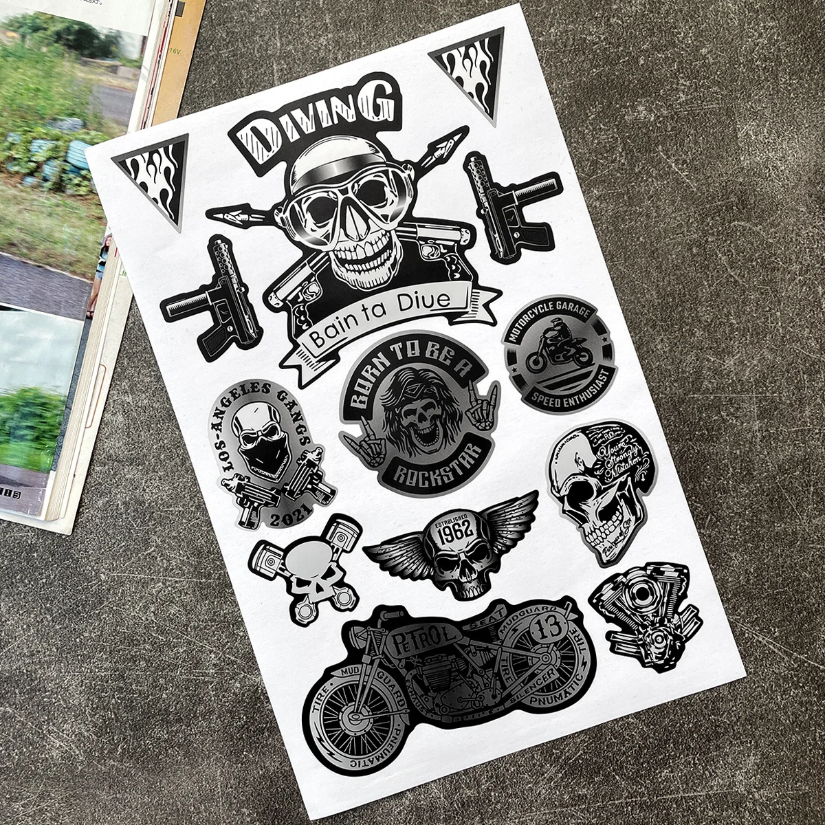 1SET 25cm Motorcycle Skull Waterproof Vinyl Sticker Set For Bike Body Decor, Biker Themed Decals