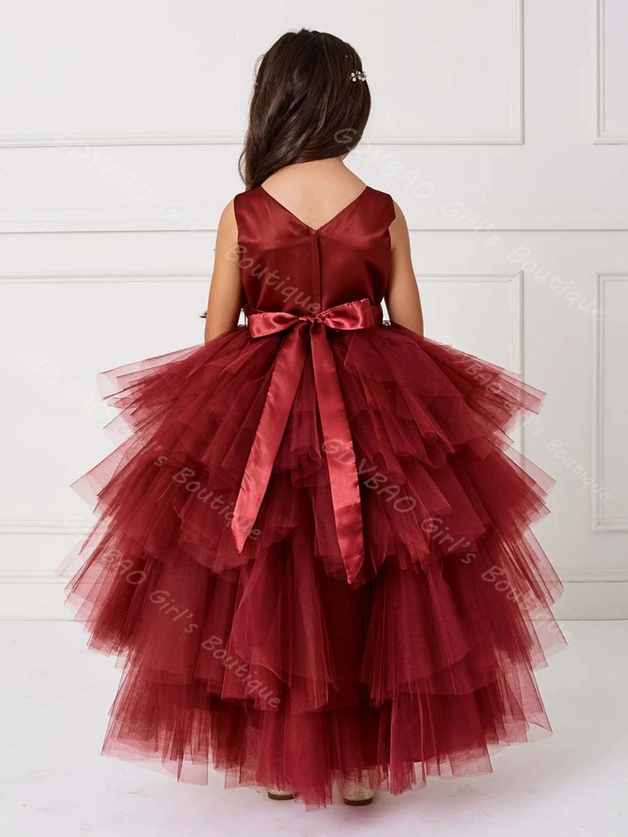 맞춤형 웨딩 플라워 걸 드레스 티어드 튤 하이로우 프린세스 파티 드레스 리본 포함 2-14세 어린이 생일 파티 볼 가운