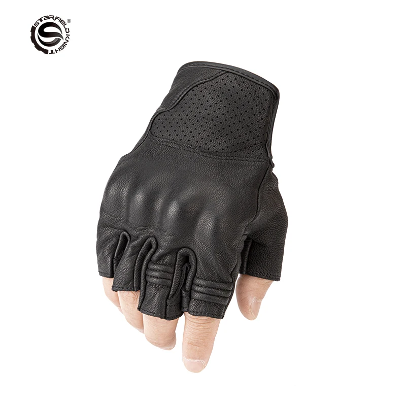 Star Field Knight Black Half Finger Motorcycle Gloves Summer Breathable Cycling Gears Real Goat Leather Gloves Wear-resistant