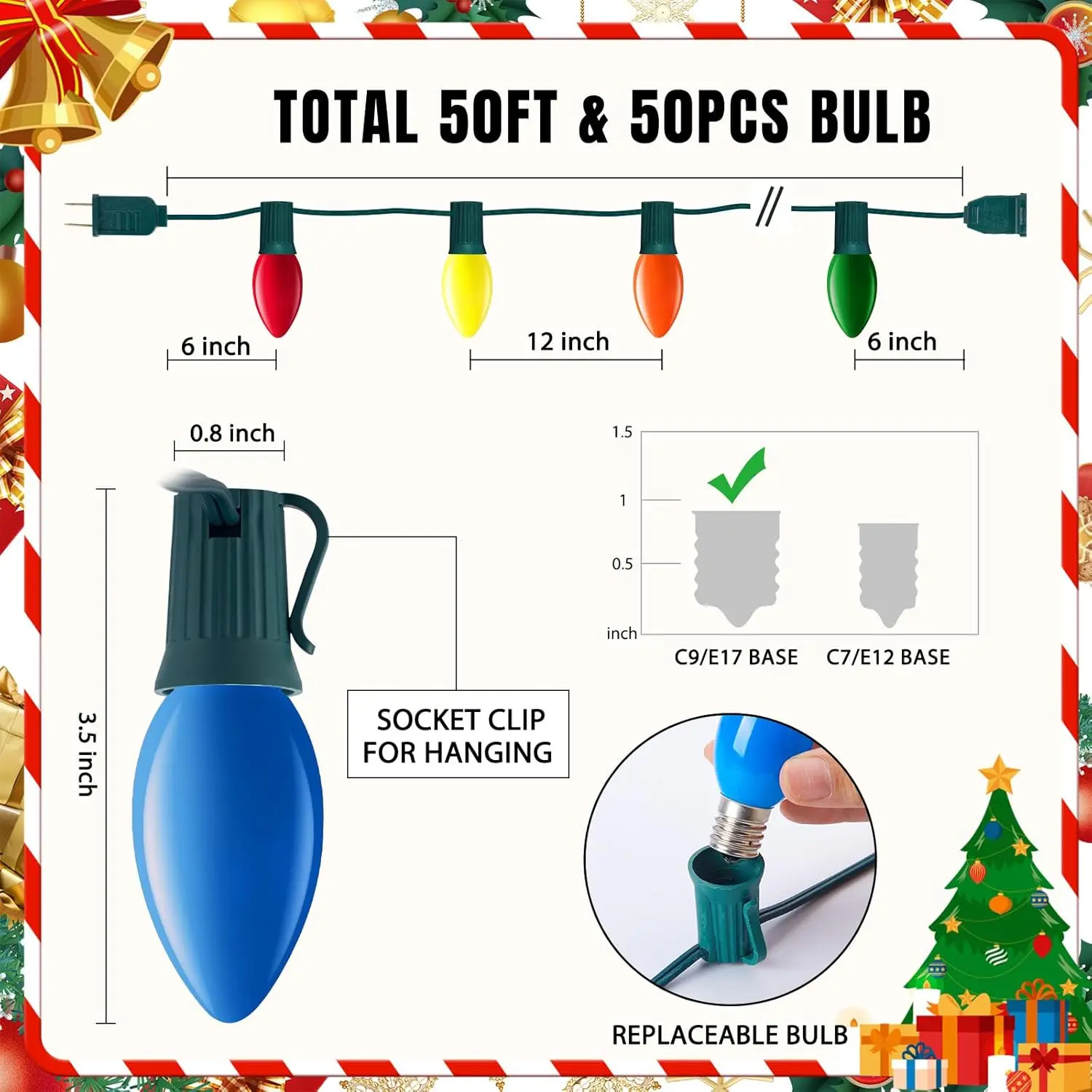 Рождественские гирлянды C9 для улицы, многоцветные, винтажные рождественские гирлянды C9 50 футов для домашнего рождественского декора патио, основание E17, зеленый провод