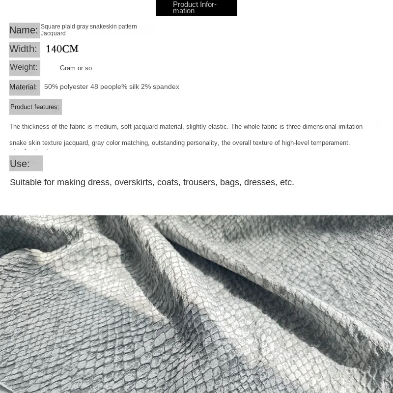 Grey and White Checkered Snake Skin Jacquard Fabric Three-dimensional Texture Jacket DIY Bag Clothing Designer Fabric