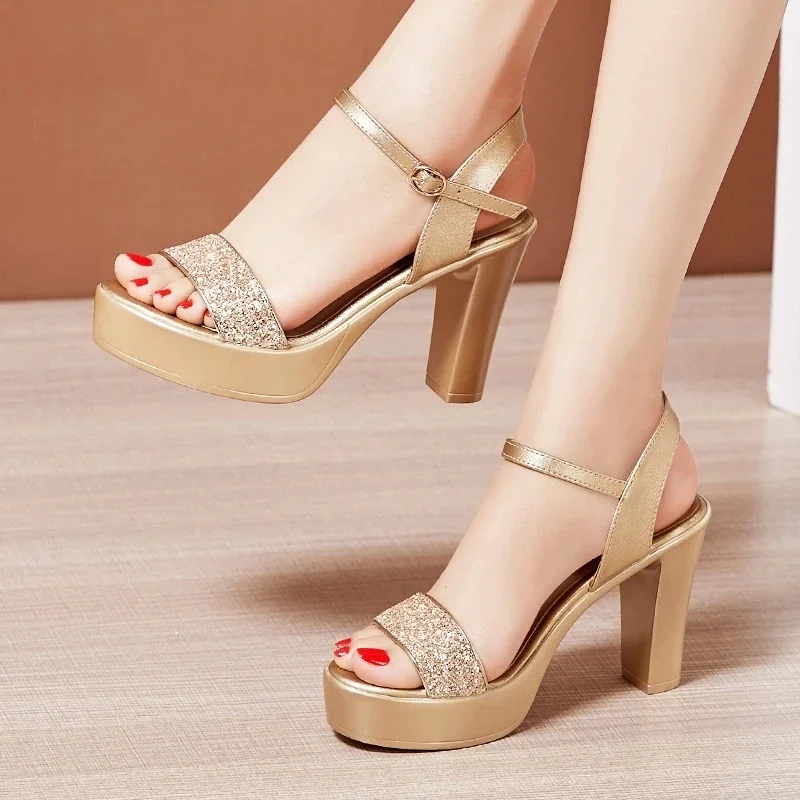 Ankle Strap Square High Heels Women Summer New Roman Sliver Gold Sandals Large Size Thick Platform Shoes For Female A0027