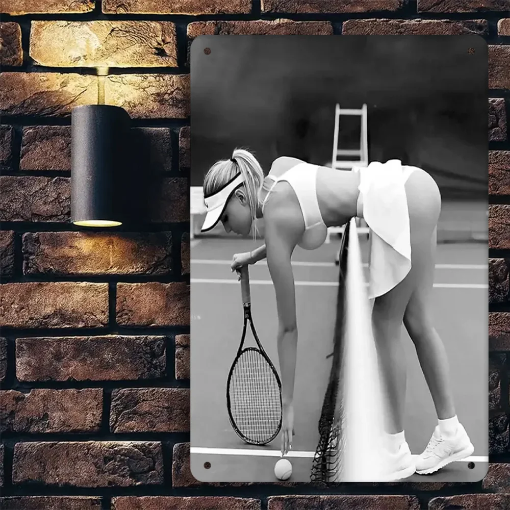 Vintage-Style 'Woman Playing Tennis' Metal Wall Art Sign - , Black & White Iron Plaque with Tennis Court and Racket Design, for