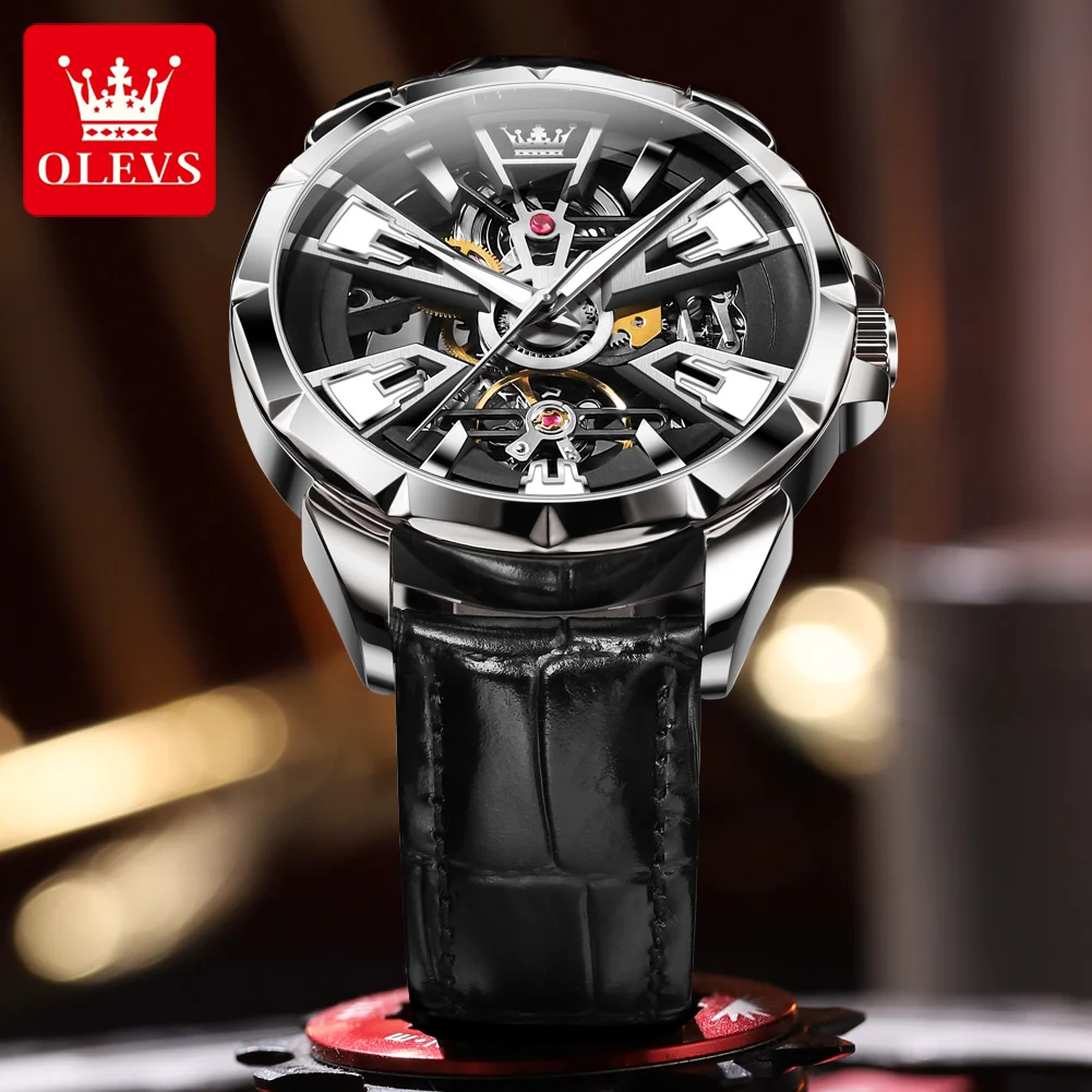 OLEVS 7051 Hollow นาฬิกาผู้ชายกันน้ําแฟชั่นสายหนังแบรนด์หรูผู้ชายนาฬิกากลไกอัตโนมัติ Reloj