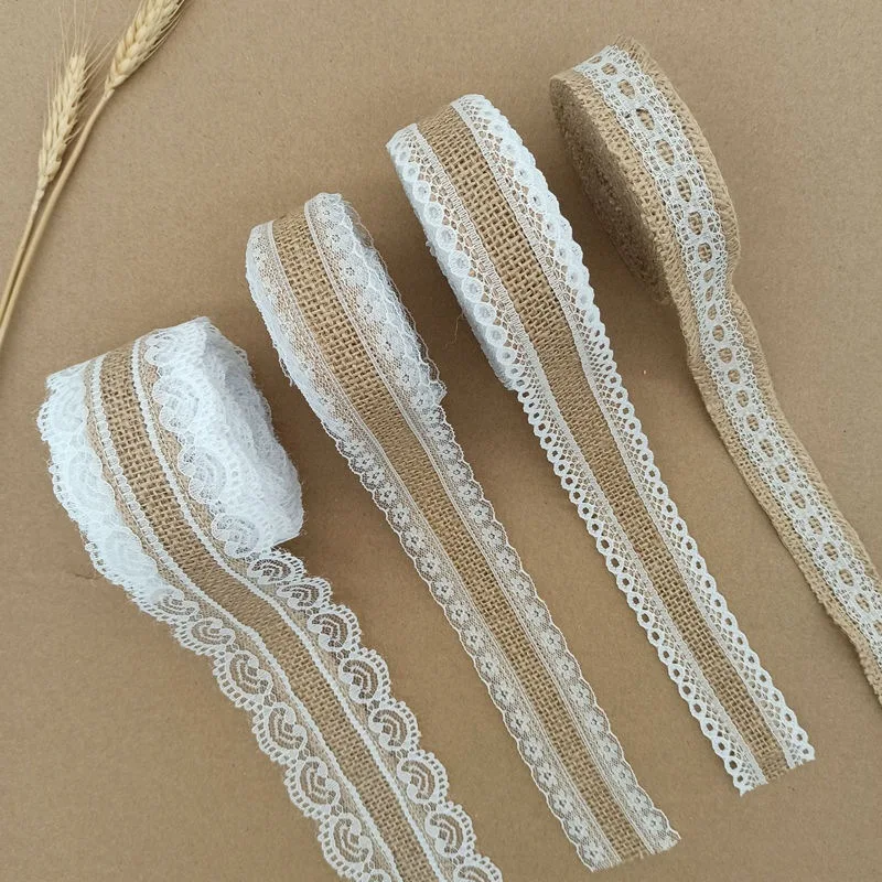 Fita de renda de juta natural de 2 metros/lote com borda de guarnição de renda branca rústica vintage buquê de casamento pacote decoração de festa