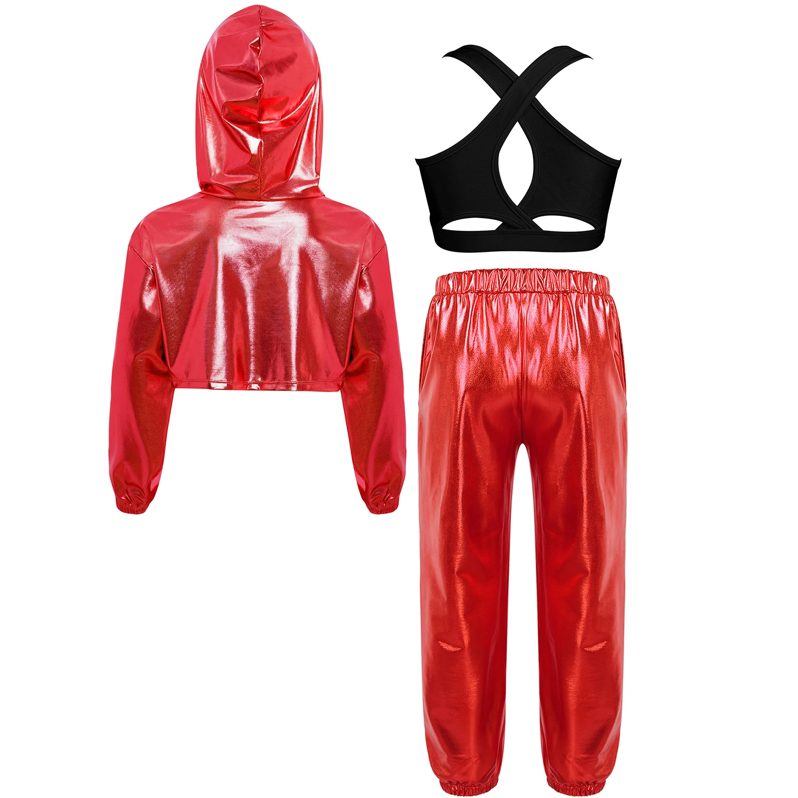 3Pcs/Set Kids Girls Hip-Hop Jazz Dance Performance Costume Long Sleeve Metallic Cropped Hoodie with Cross Back Vest and Pants
