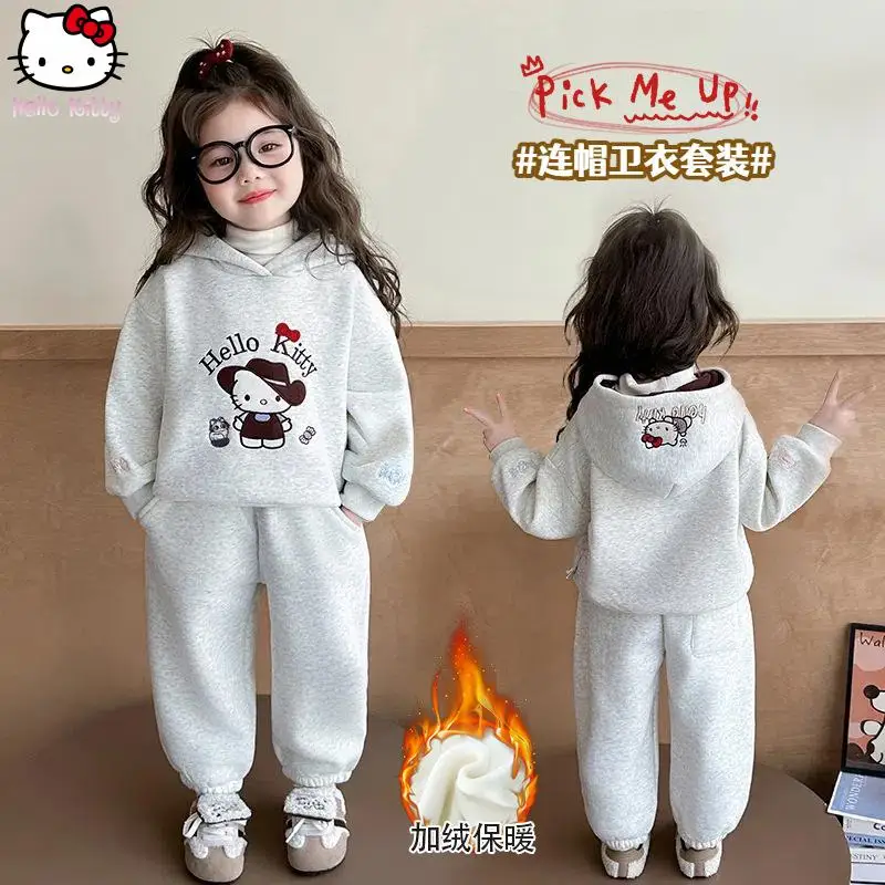 

Новый утепленный свитшот с капюшоном и котенком для девочек, брючный костюм, кавайная детская теплая футболка, модное зимнее пальто, комплект из двух предметов