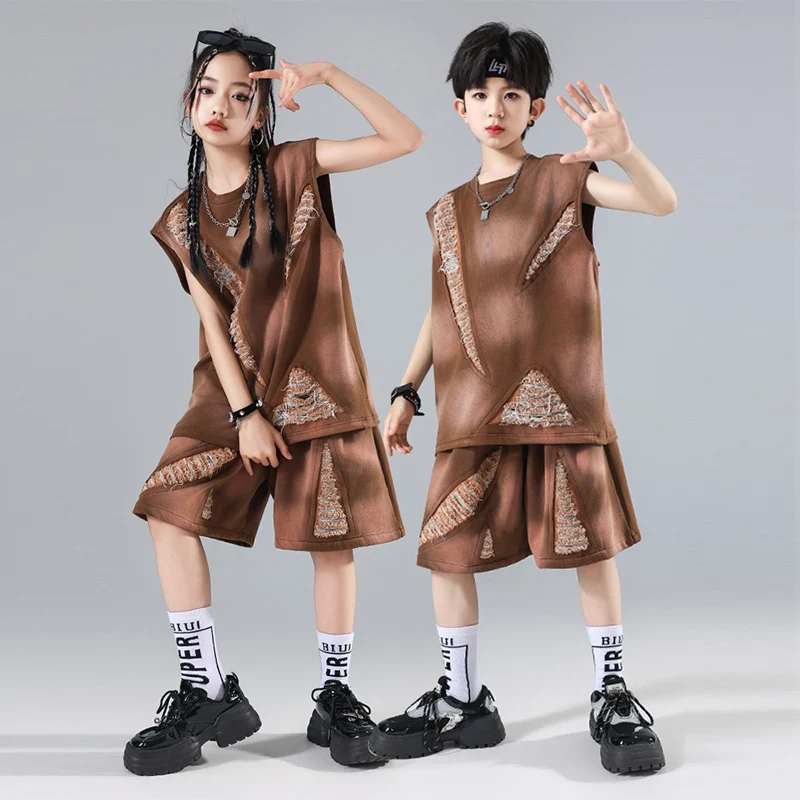 

2 Color Children Street Dance Costume Girls Jazz Hip Hop Stage Performance Clothing Kpop Boys Fashion Gradient Dance Suit AMY491