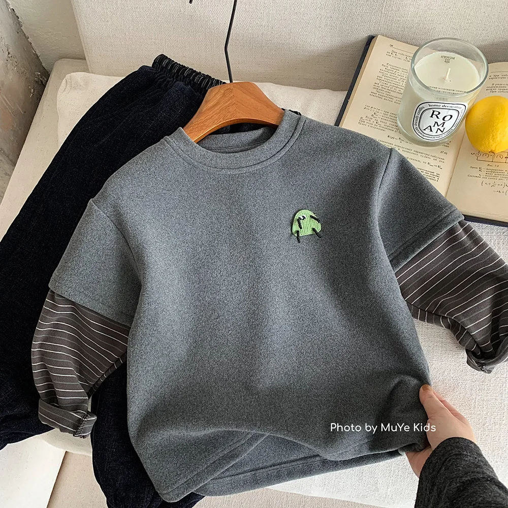 

New Winter Kids Baby Boys T-shirt Striped Sleeve Thicken Warm Toddler Boys Shirt Round Neck Causal Infant Boys Undershirt