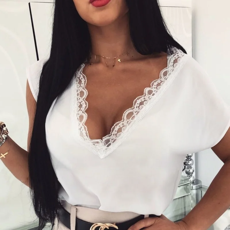 

Summer Women Sexy Solid Colors White Black Women Deep V-Neck Lace Tshirts Patchwork Short Sleeve Tops 2023 New Fashion Clothing