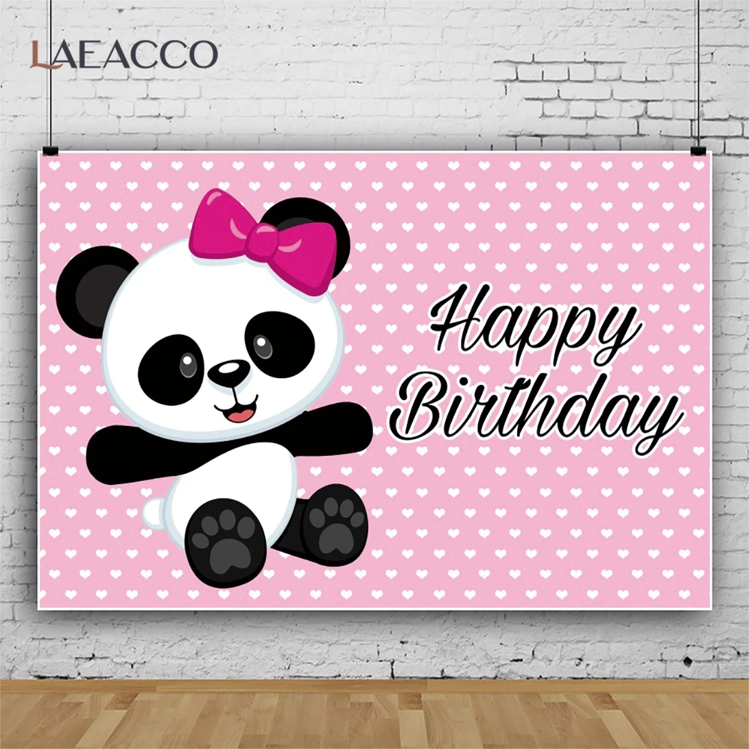 Laeacco Cartoon Style Custom Pink Heart Panda Baby Gril Happy Birthday Party Banner Photography Backdrop Photo Studio Decor Prop