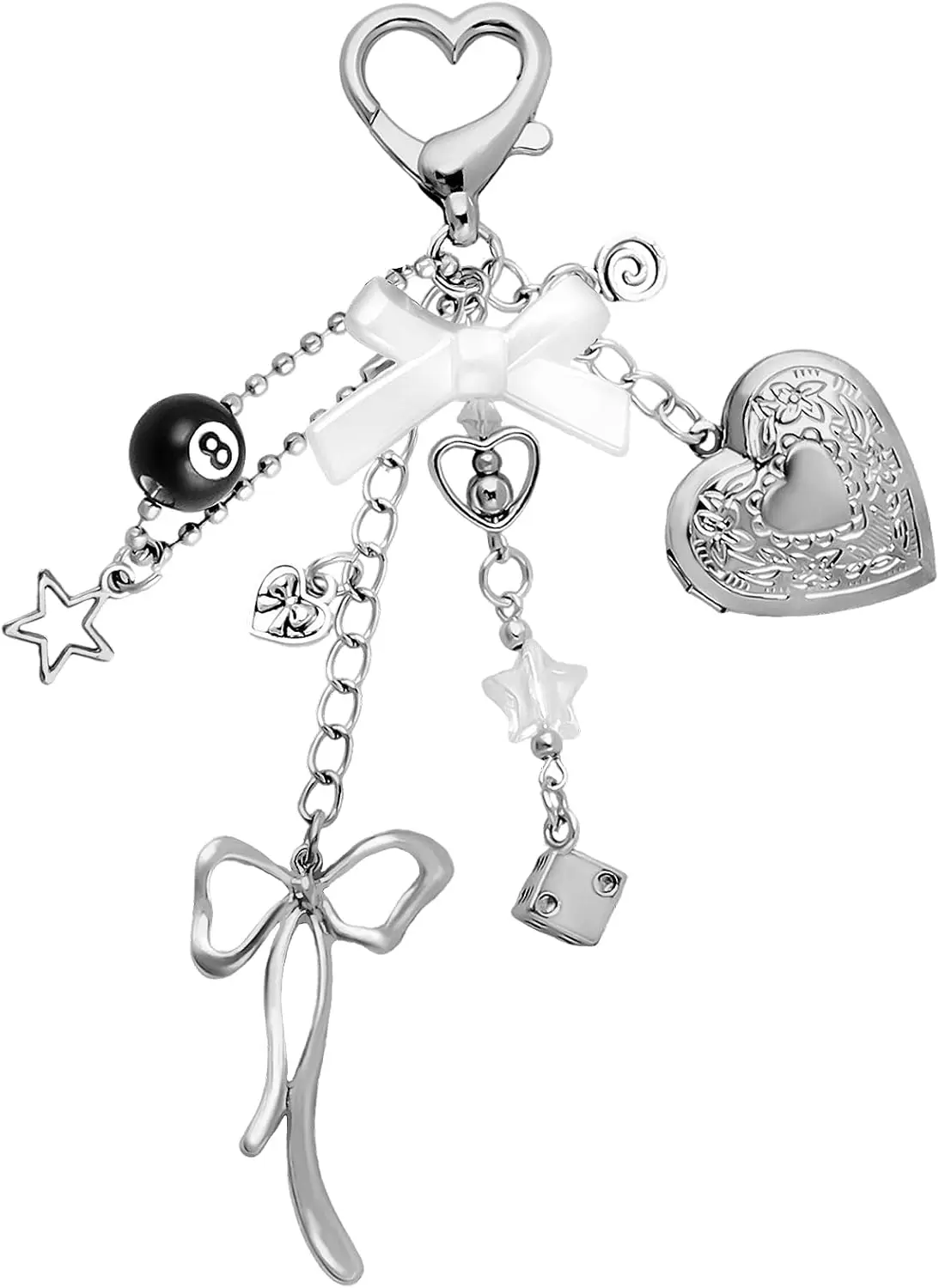 

Cute heart locket bag charm silver y2k keychain dice bow photo accessory for women