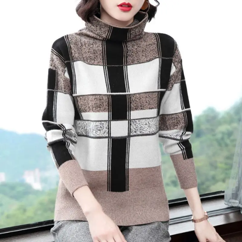 Fashion Simplicity Plaid Turtleneck Sweaters for Female Autumn Winter Commute Casual Long Sleeve Knitted Tops Women\'s Clothing