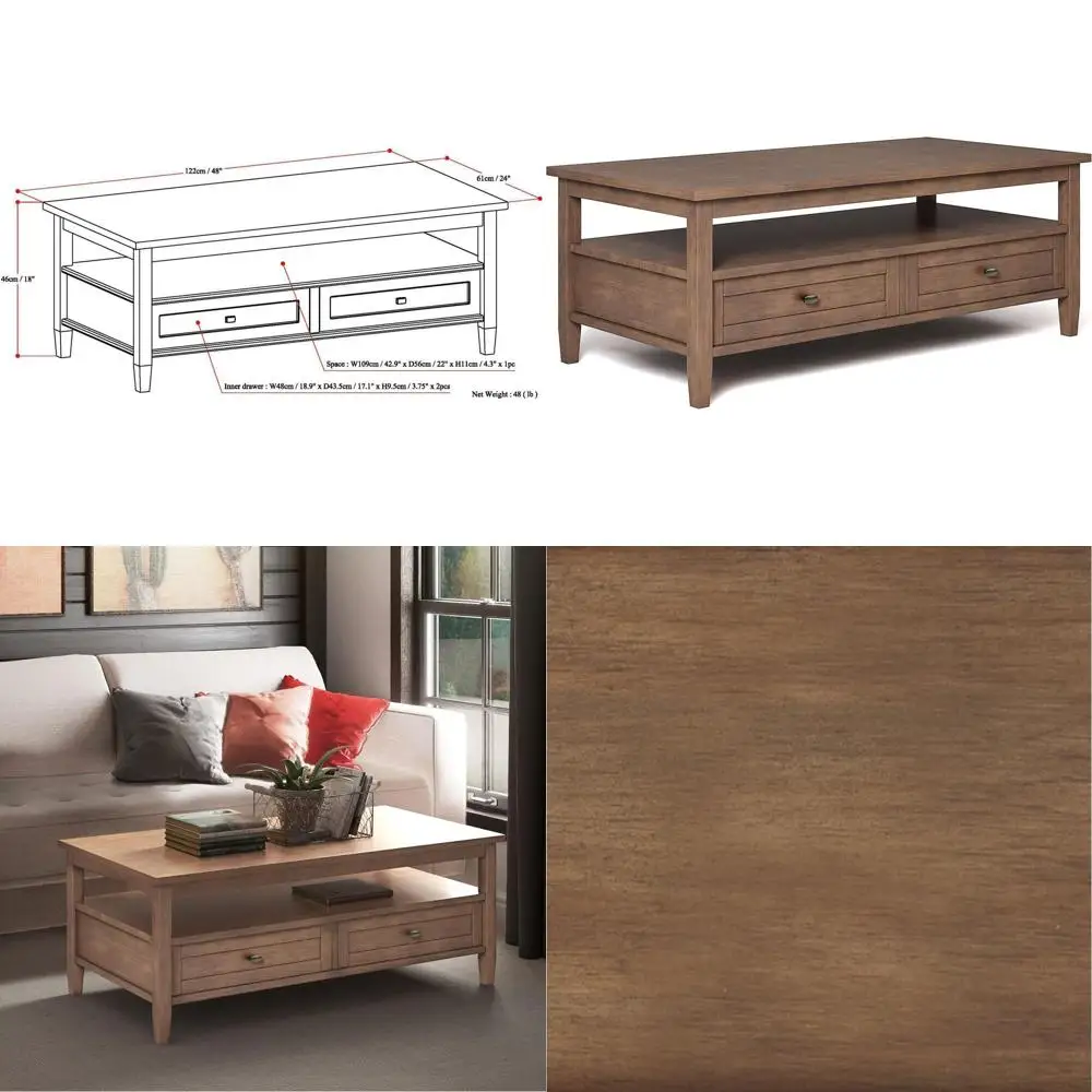 

Warm Shaker Coee Table - 48 inch Wide Solid Wood Coee Table in Rustic Natural Aged Brown, Transitional Living Room Table with 2