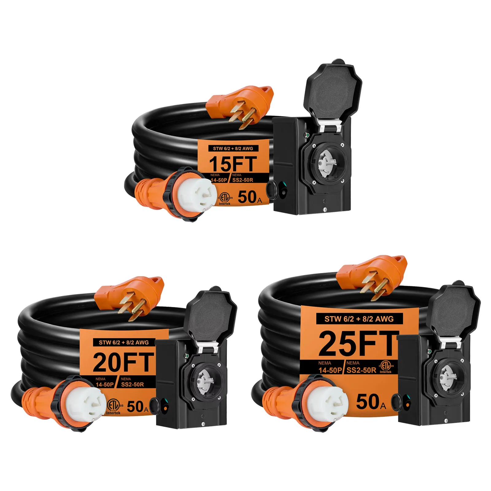 

15/20/25FT 50A RV Heavy Duty Extension Cord 125/250V 6/3+8/1 Gauge STW ETL Listed, Waterproof Power Cord for RV Outdoor Home
