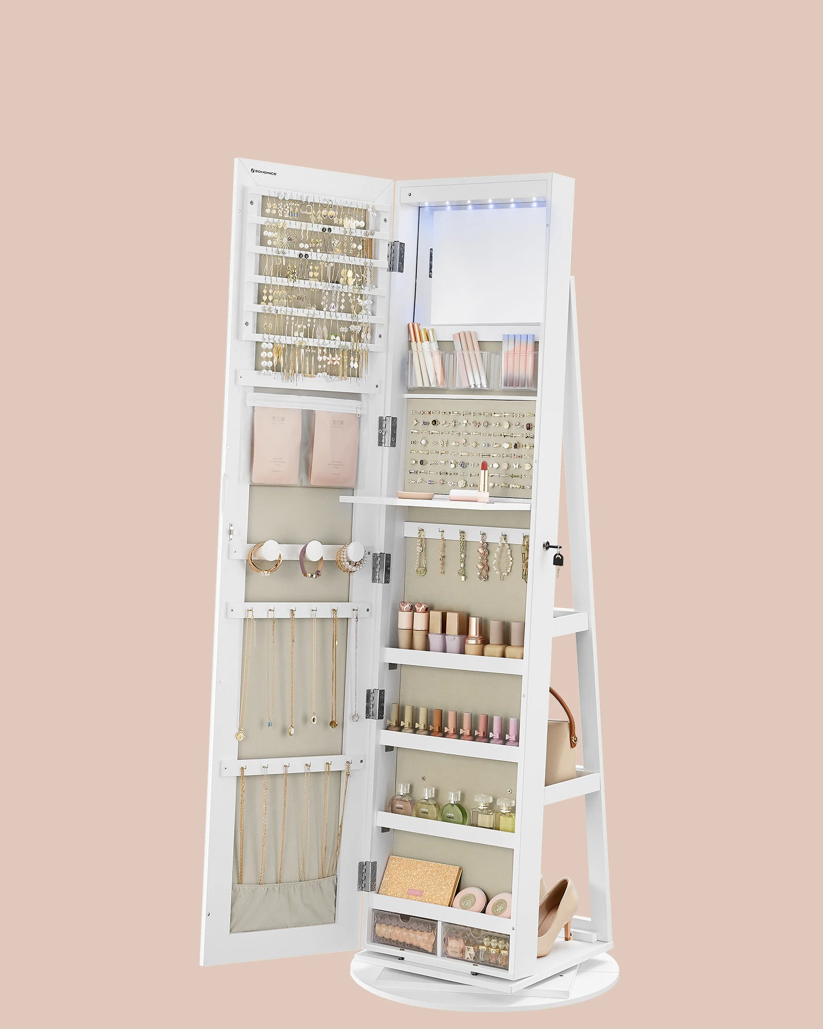 SONGMICS خزانة مجوهرات مع LED ومرآة، 3 أرفف، 360 °   قابل للتدوير