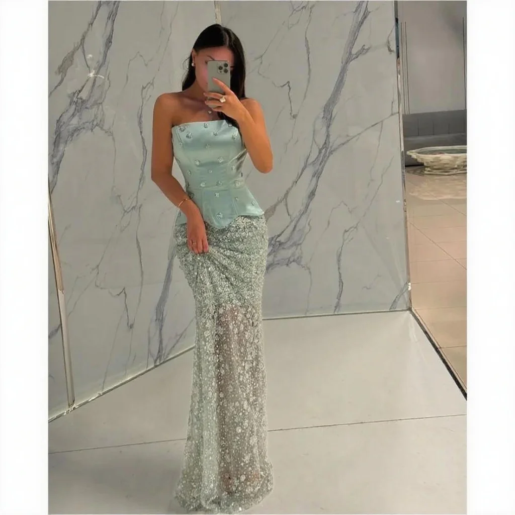 Vestido de noche personalizado verde menta sin tirantes con cuentas, vestido Formal largo para mujer, vestido de fiesta brillante con lentejuelas, vestido de invitados de boda