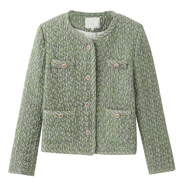 een Tweed Cotton Lined ort Women's Jaet Faionable Small Size Winter Outerwear round Ne Button up Loose Fit Coat