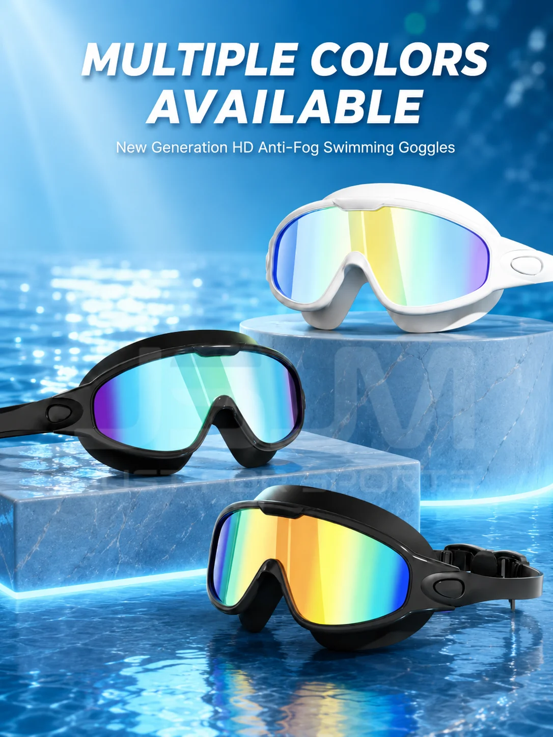 JSJM New Style Adult Swimming Goggles Anti-Fog Wide View Waterproof Swim Glasses UV Protection Adjustable Strap for Men Women