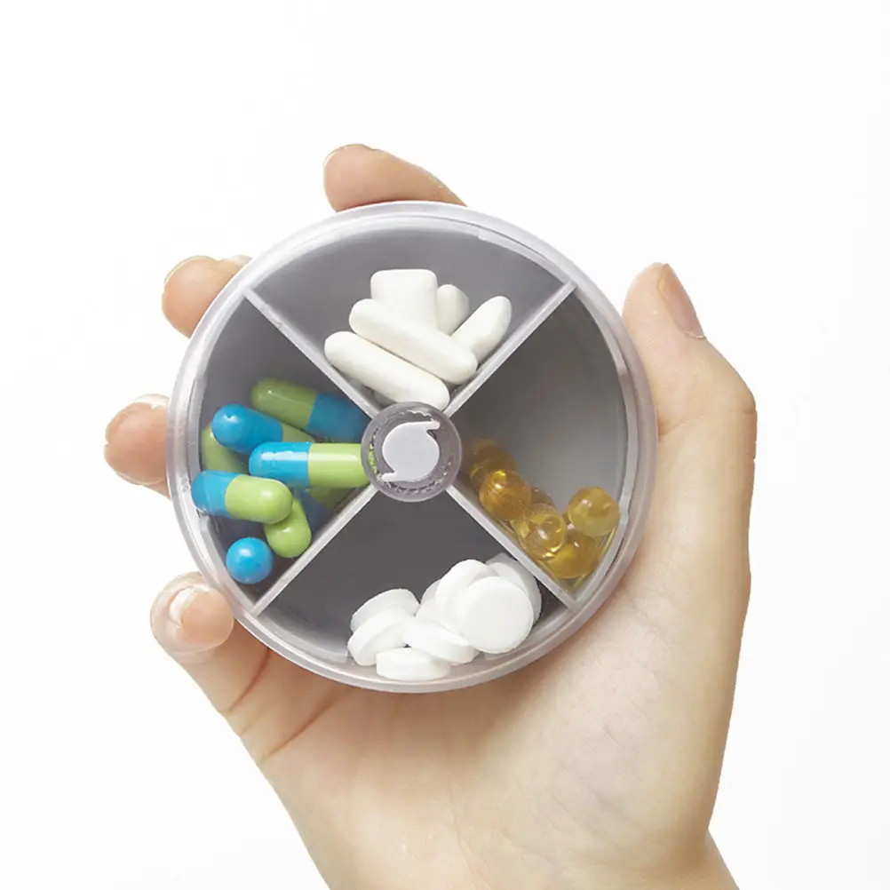 Round 4 Compartment Pill Organizer Portable Medicine Storage Case with Rotating Lock Lid Clear View for Daily Dose Reminders