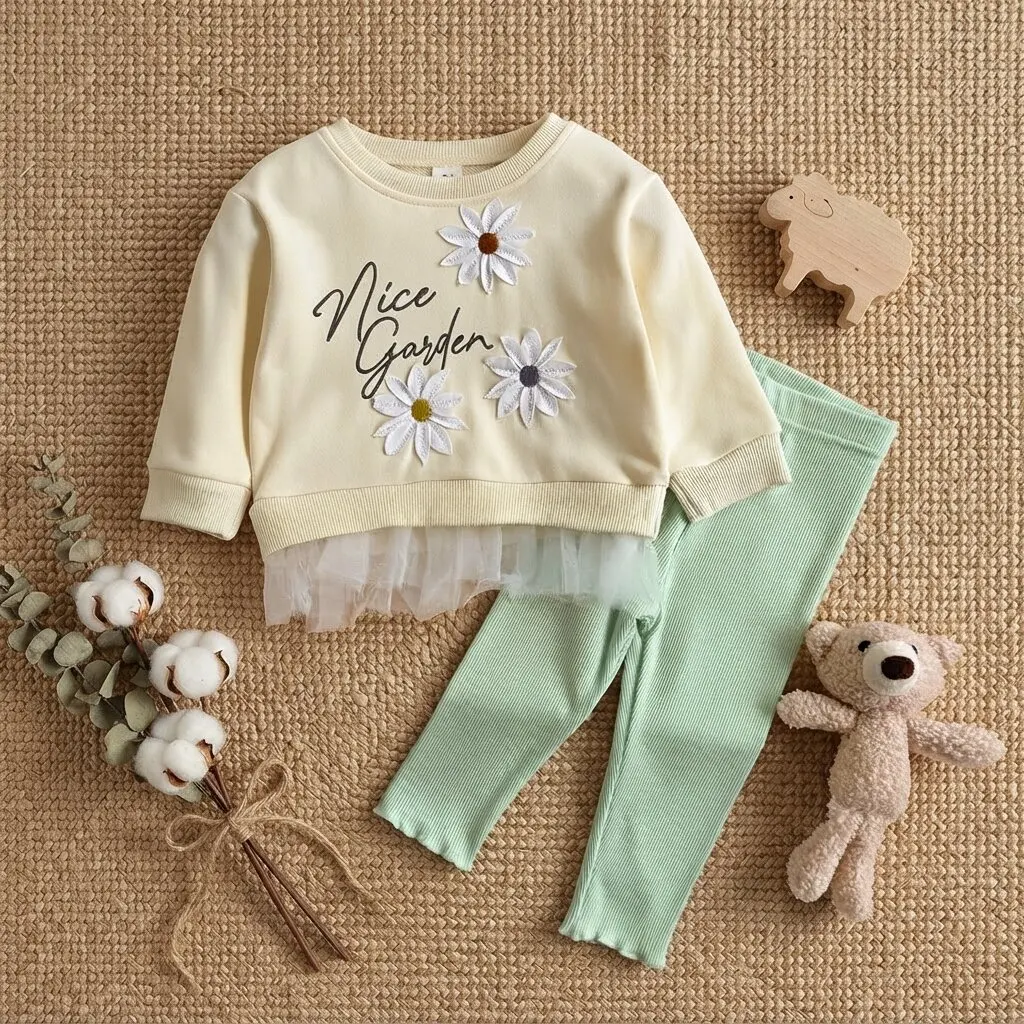 Baby Girl Daisy Embroidery Sweatshirt Set 3D Floral Applique Letter Print Tulle Hem Top Mint Green Ribbed Leggings 2Pcs
