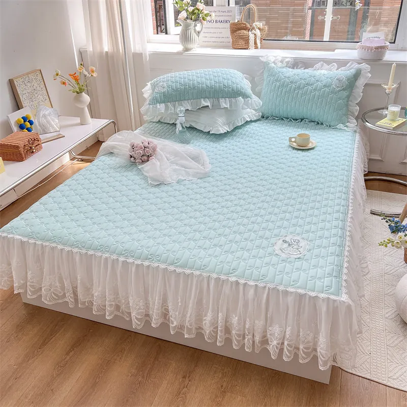 

Korean Lace Summer Cooling Fitted Bedsheet Romantic Queen King Mattress Protector Quilted Bow Sleeping Mat Soft 2 Pillow Shams